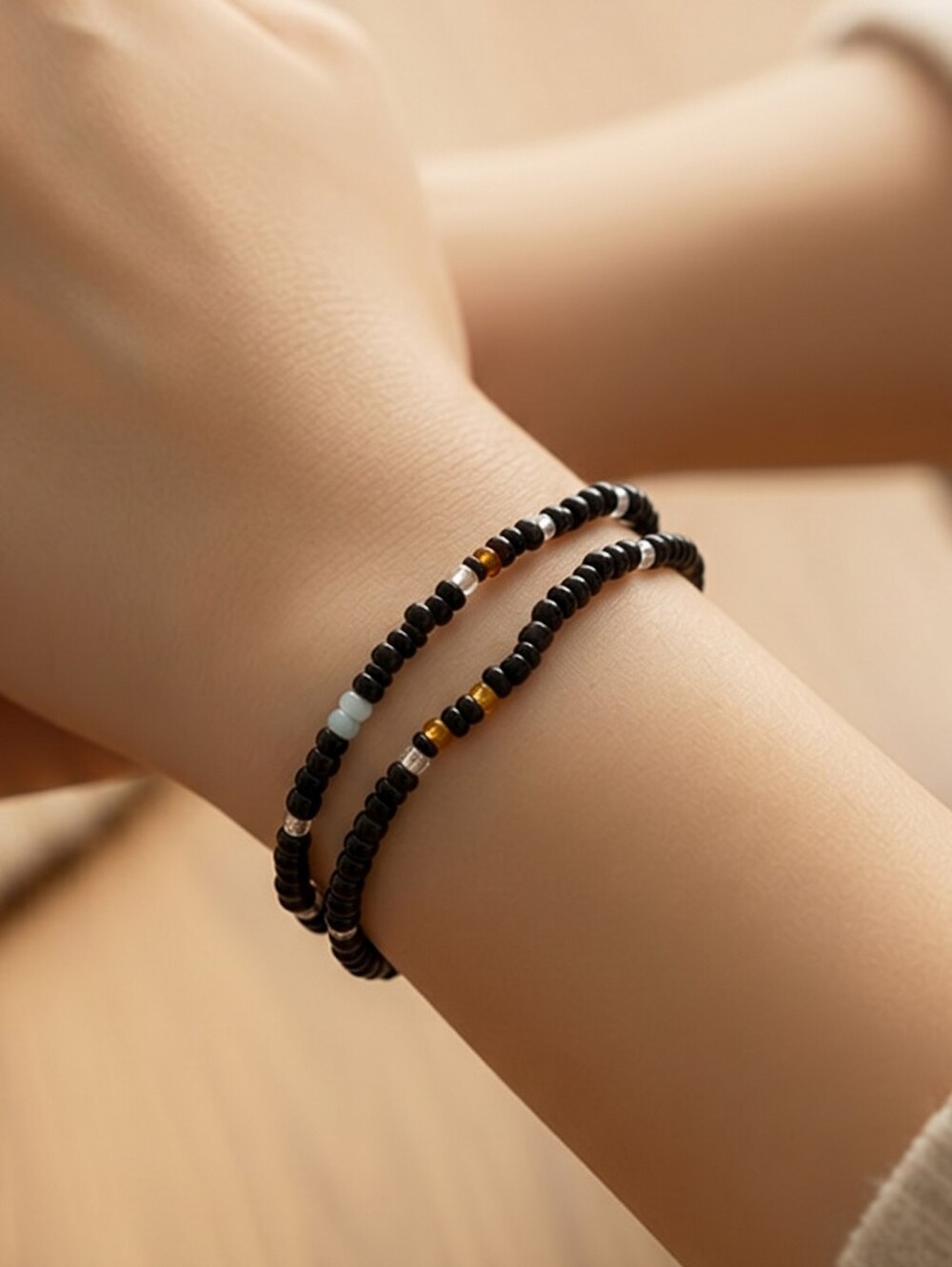 Black Seed Bead Bracelet Set Blue Bronze Stretch Minimalist Celestial Boho Stack